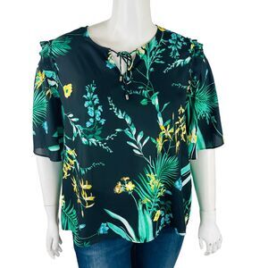 Worthington Womans Sz XL Blouse Black Green Floral‎ Short Sleeve Ruffle